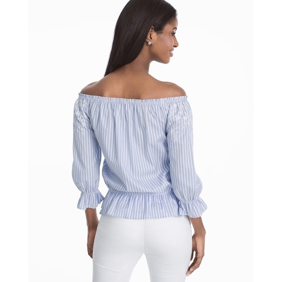 NWT WHBM Off-The-Shoulder Embroidered Stripe Cotton Top - Picture 2 of 11